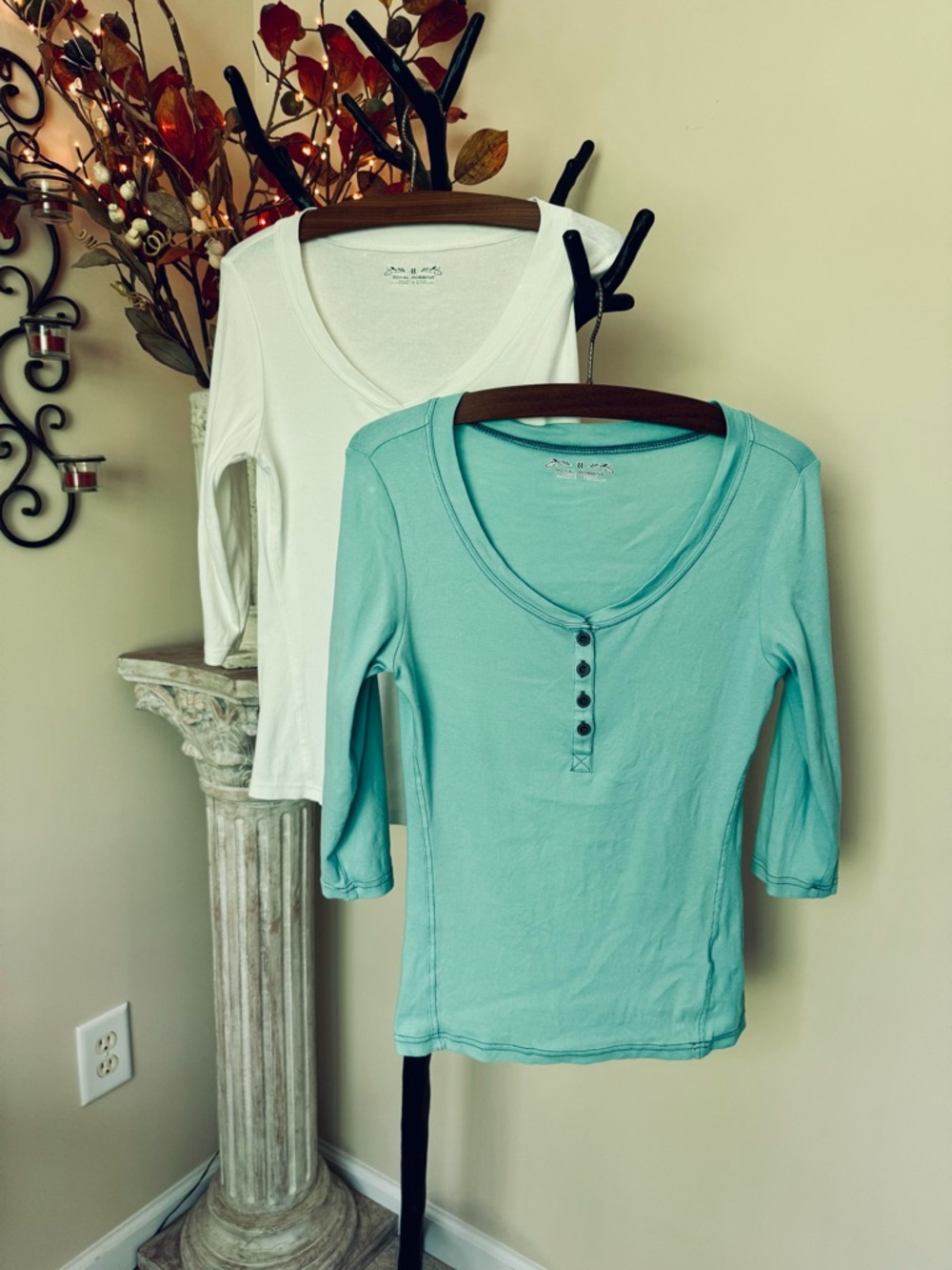 2 Royal Robbins Scoop-Neck Henley Tees in Turquoise and White